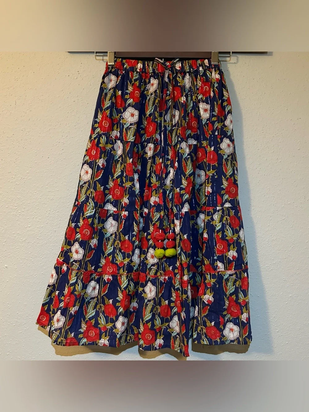 Girls Boho Tiered Maxi Skirt Navy Floral, Pom-Pom Ties, Size 6Y